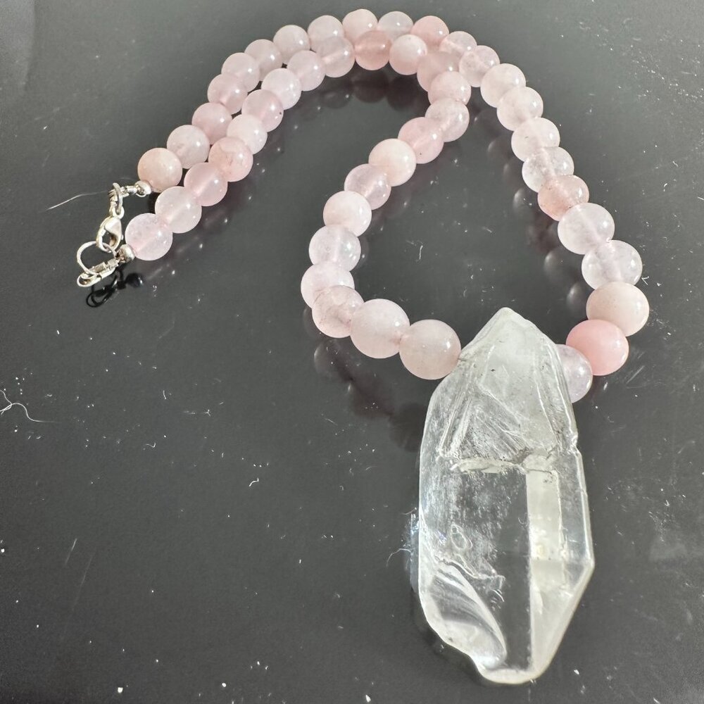 Clear Crystal Quartz Rose Quartz Pendant Necklace Handmade Silver Choker Gift - Picture 6 of 10